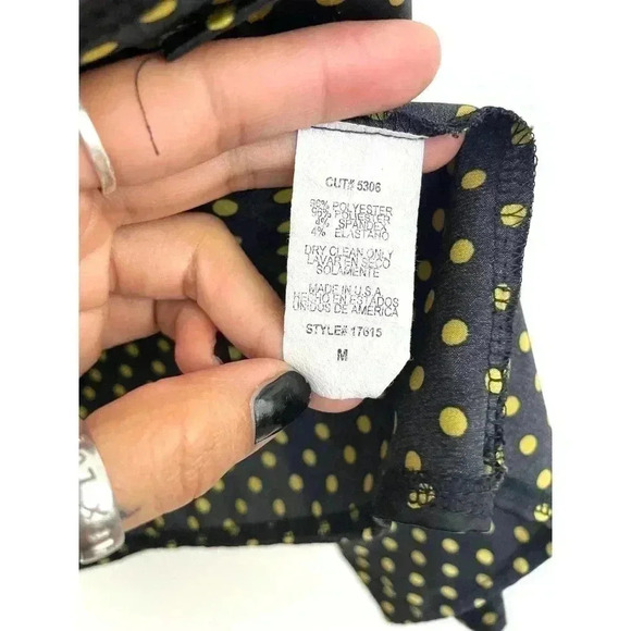 Forever Women's Black Shiny Blouse Elastic Waist Yellow Polka Dots Medium Retro - Picture 4 of 8
